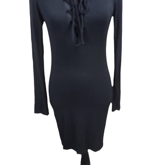 Lulu's Dress Size Large Lace Up Front Bodycon Long Sleeve Black Mini Dress - Picture 6 of 8